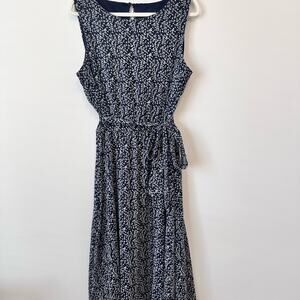 MSK Midi Dress Women's Size 16 Navy/Cream Floral Lined Belted Waist Keyhole Back